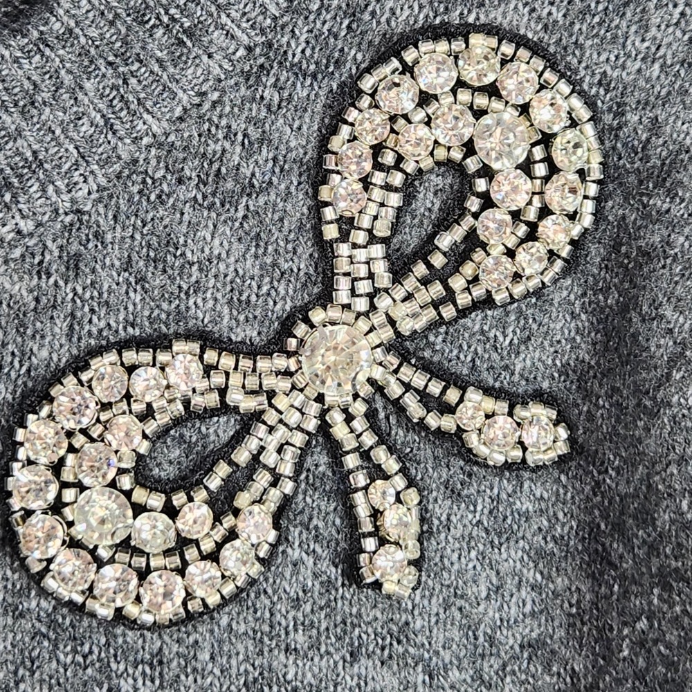 CeCe Bow Embellished Sweater Womens 2X Grey Rhinestone Puff Sleeve Coquette - Picture 3 of 9